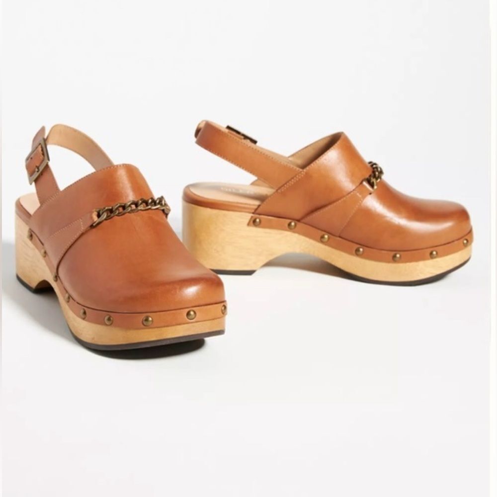 Anthropologie Brown Leather Clogs with Chain Accent